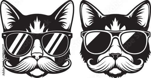 Two stylized cat faces with sunglasses and mustaches black and white animal art facial hair cat lover pet portrait sunglasses mustache illustration silhouette character stylized creative