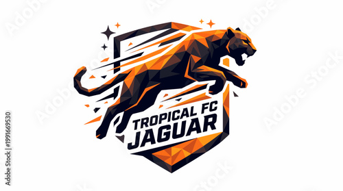 Dynamic Vector Football Club Crest Featuring a Leaping Jaguar with an Abstract Orange and Black Design, Symbolizing Speed and Power