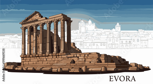 Ancient stone ruins stand before a stylized cityscape under a cloudy sky