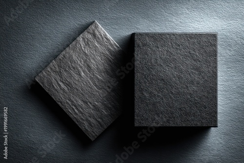 Dark textured boxes on slate background with shadows