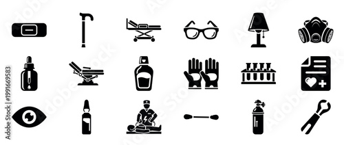 Medical supply and equipment icons shown in grid on white background