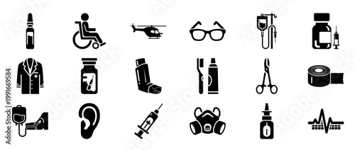 Medical equipment symbols arranged in grid on white background