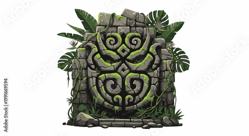 Ancient stone temple carving overgrown with jungle foliage