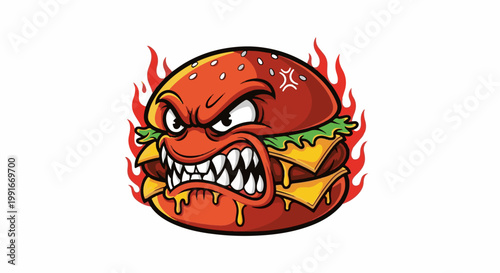 Angry burger cartoon surrounded by flames