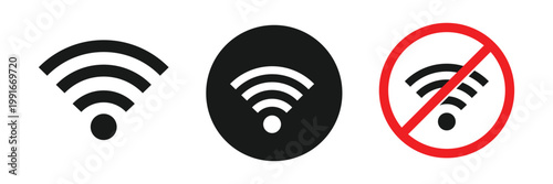 WiFi signal icon set with forbidden symbol, no internet access warning vector illustration