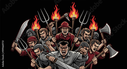 Angry mob holding pitchforks, axes, and torches