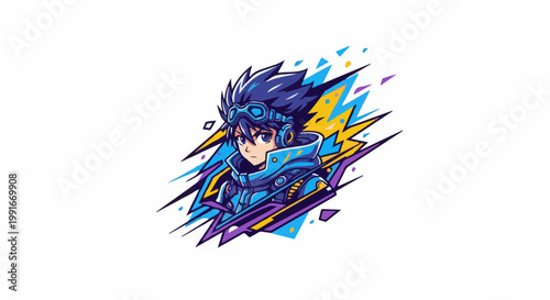 Animated character with goggles and headphones, blue jacket, vibrant abstract background