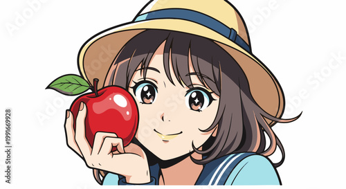 Animated girl in straw hat holds a shiny red apple, looking at camera