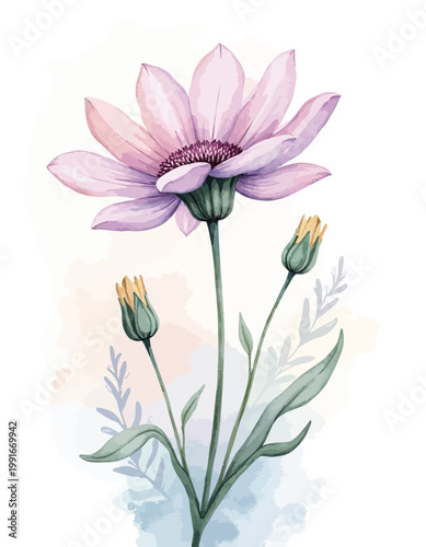 Purple flower bloom with buds and watercolor foliage