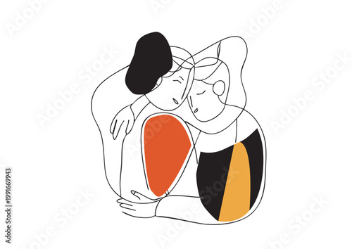 そっと寄り添い支え合う二人の優しさと共感を描いたイラスト
