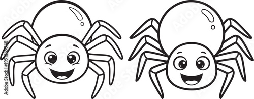 Two friendly cartoon spiders black and white outline for coloring page line art white background eight legs arachnid illustration creature wildlife halloween friendly adorable