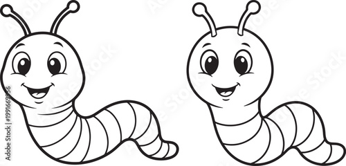 Two smiling cartoon caterpillars black and white outline for coloring page line art white background caterpillar illustration creature wildlife transformation friendly adorable