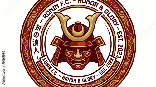 A striking vector illustration of a Japanese samurai helmet, symbolizing honor and glory, presented as a football club crest
