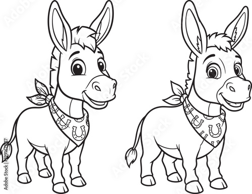 Two cute cartoon donkeys wearing bandanas black and white outline for coloring page line art white background farm animal domestic animal horse family petting zoo illustration