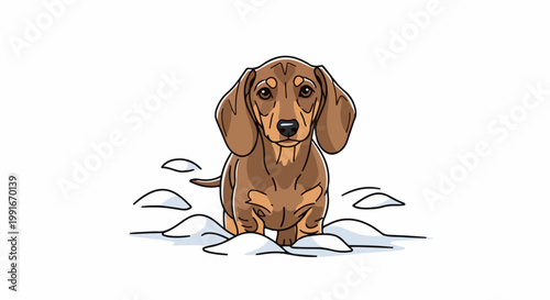 Adorable cartoon dachshund puppy peeking out from snow drifts