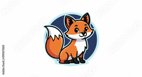 Adorable cartoon fox sits with a fluffy tail against a dark blue circle background
