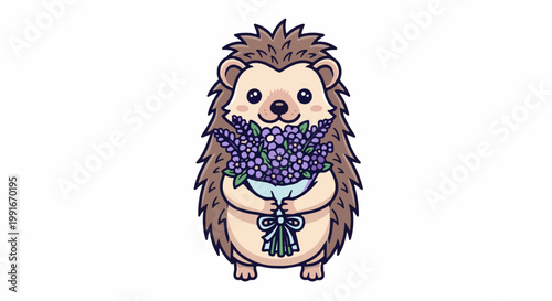 Adorable cartoon hedgehog holding a bouquet of purple flowers, with a bow