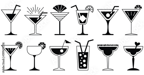 Art Deco Cocktail Glasses Vector Set, Gold Accented Drink Illustrations, Elegant Vintage Barware Design, Luxury Beverage Icons for Menu, Party, Branding, Gatsby Style Graphic Collection
