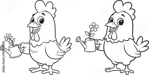 Two cartoon chickens holding watering cans with flowers black and white watering can white background animal art hand drawn line art chickens illustration gardening character isolated