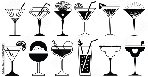 Art Deco Style Cocktail Glasses Vector Collection, Gold Accented Drink Illustrations, Elegant Vintage Barware, Luxury Beverage Icons for Menu Design, Party Graphics, Classic Retro Theme