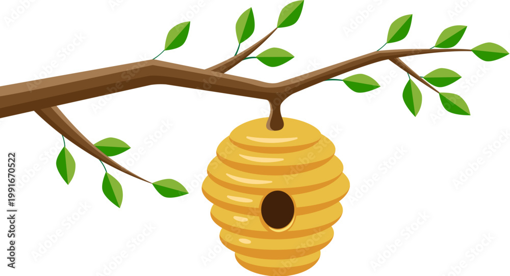 Naklejka premium Cartoon beehive hanging on branch