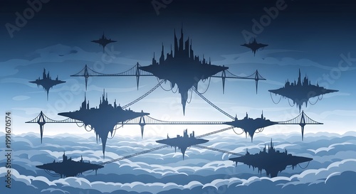 Silhouette of floating islands with castles in a cloudy sky
