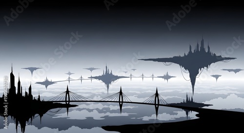 Silhouette of futuristic floating cities above a cloud landscape