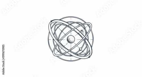 Abstract sphere with orbiting rings and celestial body