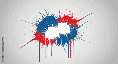 Abstract splatters of red, white, and blue paint create a dynamic design