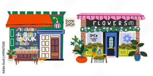 Vector illustration of small business storefronts in cartoon flat style. Cozy bookstore and a vibrant flower shop with outdoor plants and decorative elements