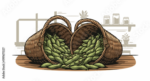 Abundant harvest of fresh green peas spilling from woven baskets