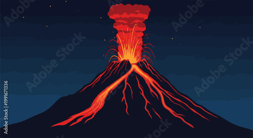 Active volcano erupting glowing lava and smoke at night under starry sky