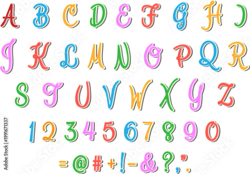 Colorful uppercase letters numbers and marks