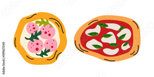 Delicious pizza vector illustrations with whole pizza and slices with various toppings, pepperoni, herbs, mozzarella and basil in a flat cartoon style