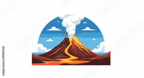 Active volcano erupting with lava and smoke under a cloudy blue sky