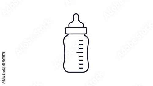 Minimalist baby bottle outline with measurement markings offers a simple graphic representation for childcare and infant themes.