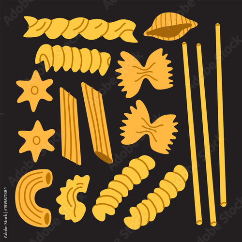 Different Italian pasta types set in doodle style. Traditional pasta shapes, penne, fusilli, ravioli and macaroni on a black background. Vector illustration for culinary design, stickers
