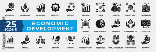 Economic Development Icon Set Collection. Containing Investment, Economy, Industry, Income, Growth, Opportunity, Revenue, Sustainability, and Strategy. Simple Solid Icon Vector Illustration.