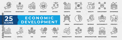 Economic Development Icon Set Collection. Containing Investment, Economy, Industry, Income, Growth, Enterprise, Opportunity, Revenue, Sustainability, and Strategy. Simple Line Icon Vector Illustration