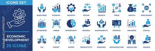 Economic Development Icon Set. Containing Investment, Economy, Industry, Income, Growth, Opportunity, Revenue, Sustainability, and Strategy. Flat Blue Style Icon Vector Illustration.