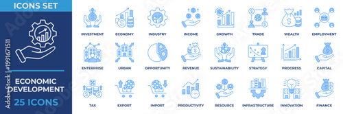 Economic Development Icon Set. Containing Investment, Economy, Industry, Income, Growth, Opportunity, Revenue, Sustainability, and Strategy. Blue Style Icon Vector Illustration.