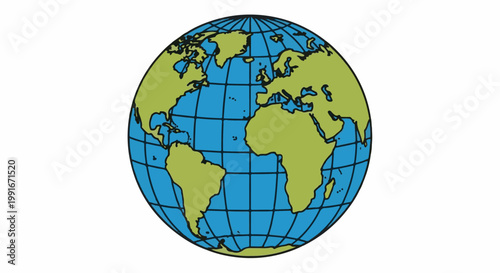 Cartoon rendering of planet Earth with continents green and oceans blue
