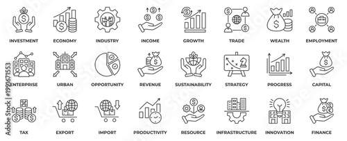 Economic Development Icon Collection Set. With Icon Investment, Economy, Industry, Income, Growth, Opportunity, Revenue, Sustainability, and Strategy. Outline Icon Vector Illustration.