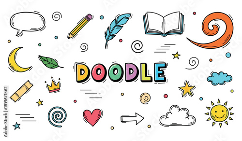 Doodle lettering surrounded by playful icons on white background