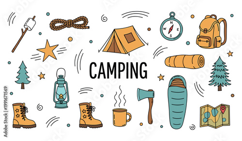 Camping gear displayed around tent outdoor nature scene