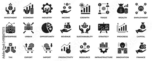 Economic Development Icon Collection Set. With Icon Investment, Economy, Industry, Income, Growth, Opportunity, Revenue, Sustainability, and Strategy. Glyph Icon Vector Illustration.