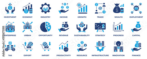 Economic Development Icon Collection Set. With Icon Investment, Economy, Industry, Income, Growth, Opportunity, Revenue, Sustainability, and Strategy. Flat Blue Icon Vector Illustration.