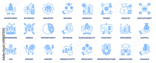 Economic Development Icon Collection Set. With Icon Investment, Economy, Industry, Income, Growth, Opportunity, Revenue, Sustainability, and Strategy. Blue Icon Vector Illustration.