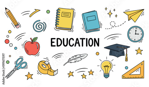 Education symbols scattered around central text on white background