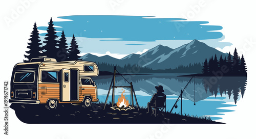 Camper van, campfire, lake, and mountains reflect under a starry sky
